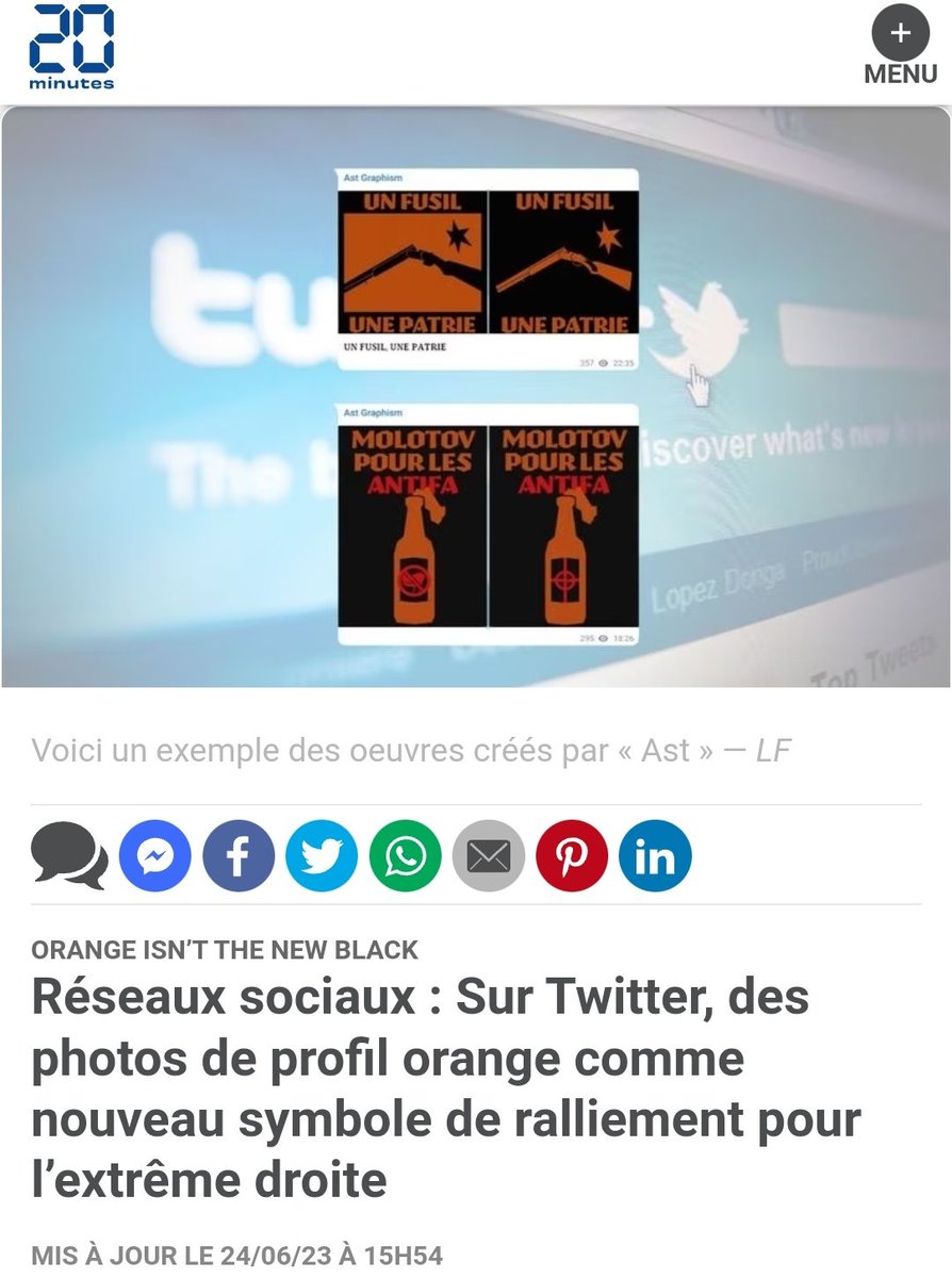 20 minutes nous informe que les photos de orange sont des signes de ralliement à l'extrême-droite.

J'en ai trouvé une. 🤣🤣🤣

➡️ Telegram : t.me/KimJongUnique