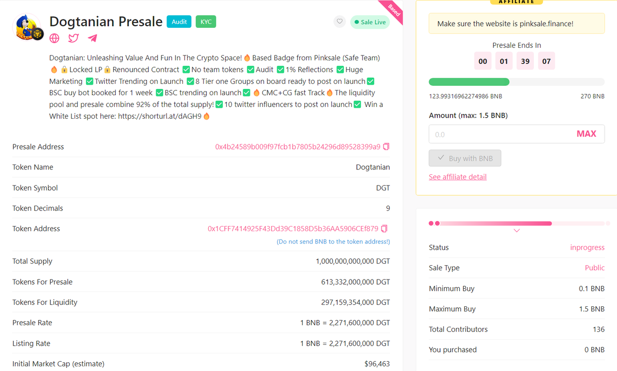Less than 2 hours remaining for #presale to end!  Grab your bag! <a href="/pinkecosystem/">PinkSale (Pink Ecosystem)</a>

Presale link shorturl.at/qzRX1

#Dogtanian #DGT #Pinksale #memecoin #Moonshots #Crypto #cryptocurrency #cryptotrading #bnb #elon #musk #doge #now #BSC #bscgem #BitcoinButton