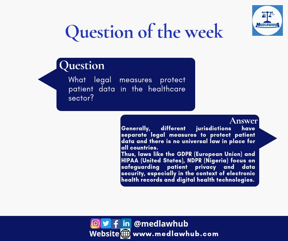 QUESTION OF THE WEEK
What legal measures protect patient data in the healthcare sector?

#medicallaw #privacy #healthlaw #legal #healthcare #data #patientdata #meded