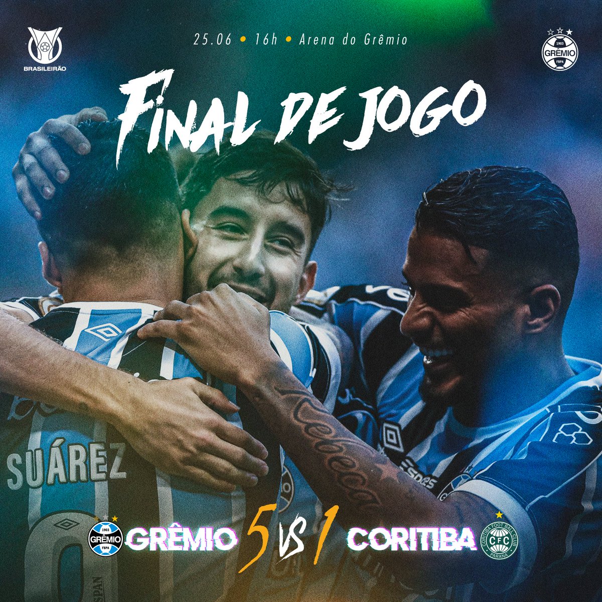 Gremio's tweet photo. Final de jogo: #Grêmio 5x1 Coritiba
6️⃣ PONTOS EM 1️⃣ SEMANA!!! Conquistamos mais uma vitória no #Brasileirão2023, contando com a força na nossa torcida. Cinco gols nesta tarde e o melhor ataque do campeonato, rumo ao topo da tabela! VAMOS, TRICOLOR! 🇪🇪 #GRExCFC https://t.co/T0xb55IRVQ