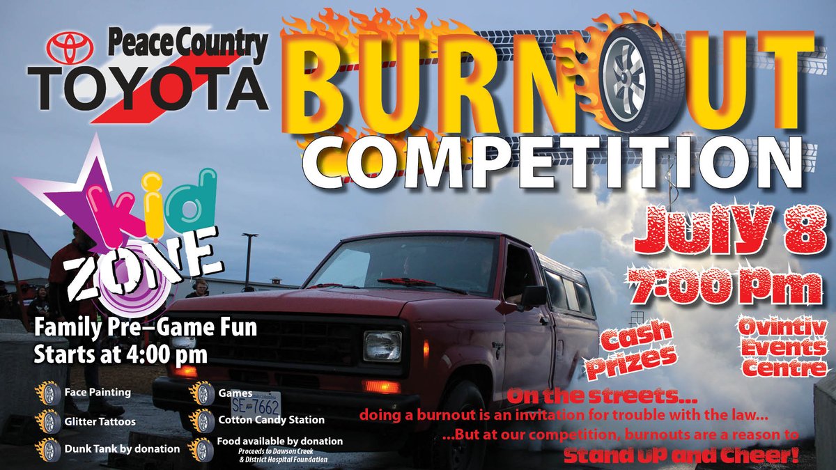 PeaceToyota's tweet photo. We Are Getting Closer!!   With more cars, more burns and more fun, this will be a night to remember! And bring the kiddos down early for a great Pre-Game fun Kids zone!
#burnout #Kidszone #FreeShow #AllNightFun #MegaLou #MegaSmoke #BurnOutCompetition https://t.co/N9mhXP87gz