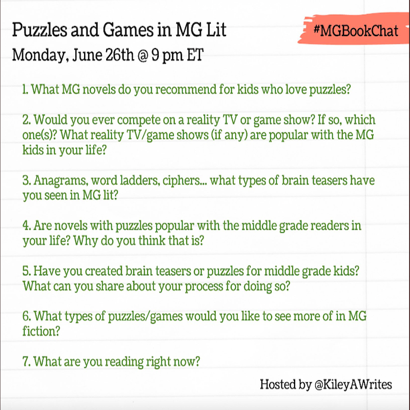 Just a reminder that tomorrow night our #MGBookChat is when  @KileyAWriteses hosts PUZZLES AND GAMES in #MGLIT!
The questions are below! Hope to see you tomorrow night, @ 9 PM EST