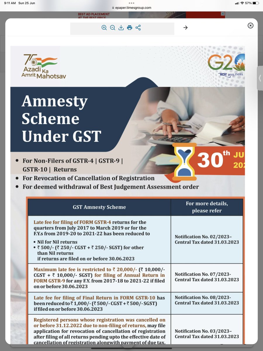vedjainca's tweet photo. Last date for GST Amnesty 30th June,2023 is approaching. 
A good opportunity for getting revocation of cancellation of registration , non filers of GSTR-4 and withdrawal of Best Judgment asstt order. https://t.co/C6GX3L2vBH