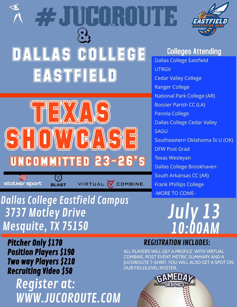 #JucoRoute (@jucoroute) on Twitter photo SUMMER BIG SOUTH SHOWCASE
DALLAS AREA
⚾️UNCOMMITTED HS GUYS⚾️
📆July 13
⏰10AM
🏟Dallas Eastfield
(<a href="/EastfieldBSB/">Eastfield Baseball</a>)
🎬Sample Recruiting Videos rb.gy/89fi4
👇REGISTER👇
JucoRoute.com
Metrics
<a href="/GamedayLLC/">GameDay Graphics LLC</a> <a href="/Blast_Bsbl/">Blast Baseball</a> <a href="/virtualcombine/">Virtual Combine</a> SUMMER BIG SOUTH SHOWCASE
DALLAS AREA
⚾️UNCOMMITTED HS GUYS⚾️
📆July 13
⏰10AM
🏟Dallas Eastfield
(<a href="/EastfieldBSB/">Eastfield Baseball</a>)
🎬Sample Recruiting Videos rb.gy/89fi4
👇REGISTER👇
JucoRoute.com
Metrics
<a href="/GamedayLLC/">GameDay Graphics LLC</a> <a href="/Blast_Bsbl/">Blast Baseball</a> <a href="/virtualcombine/">Virtual Combine</a>