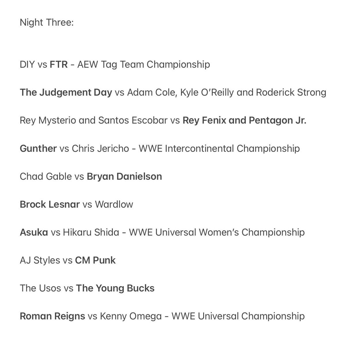 @ChandranTheMan My three night WWE X AEW Forbidden Door Card (As booked by Tony Khan and Triple H)