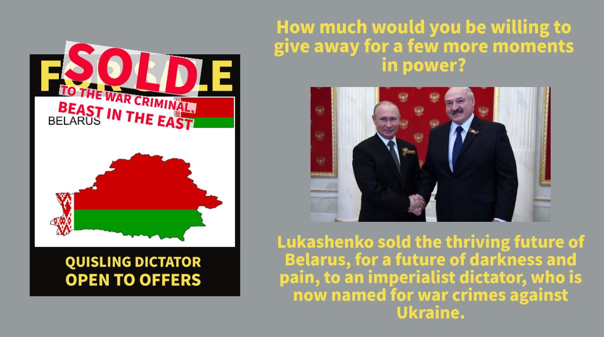 @BelarusMFA @BelarusUNNY @BelarusUNOG @belarus_emb_UK @BelarusEmbUAE @ByinBrazil @Lukashevich77 @DmitryMironchik @AmbasciataBLR @BelarusEmb_IDN @BelembassyJPN lukashenko sold out the people of belarus to putin.