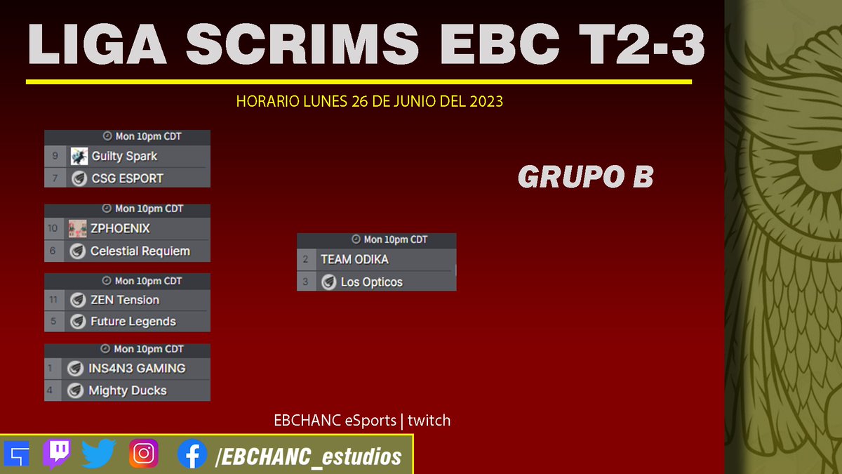 ⌚ HORARIO DE JUEGOS ⌚

GRUPO B

Jornada 4 - 26/06/23

<a href="/TEAMINS4N3/">INS4N3</a> <a href="/Team_Odika/">TEAM_Odika</a> @OpticosDeVerdis <a href="/MightyDucks117/">Mighty Ducks</a> <a href="/FutureLegends0/">FUTURE LEGENDS</a> @CelestialReq <a href="/CSG_ESPORT/">CSG ESPORT</a> <a href="/TeamHeaven2399/">Team Heaven</a> <a href="/GuiltySparkES/">Guilty Spark</a> <a href="/zphoenix99114/">ZPHOENIX</a> <a href="/ZENTension01/">ZEN Tension</a> 

#SomosEBC🦉