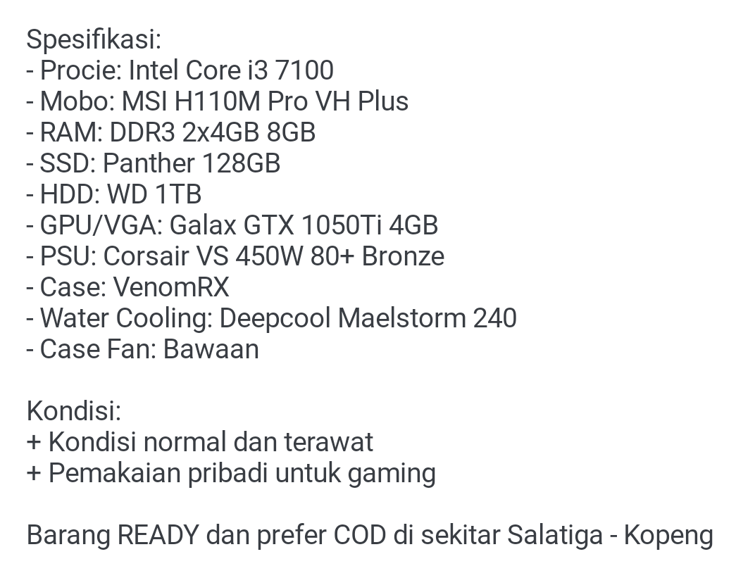 frbyz's tweet photo. @hrdbacot Dijual PC Rakitan Gaming | Core i3 7100 | GTX 1050Ti 4GB | RAM 8GB | SSD | Gen 7 #lapakcot

Spec lengkap ada di foto

Lokasi Salatiga - Kopeng
Harga 3.45jt

https://t.co/cEVS8DIDbc https://t.co/NTxchb7Mzy