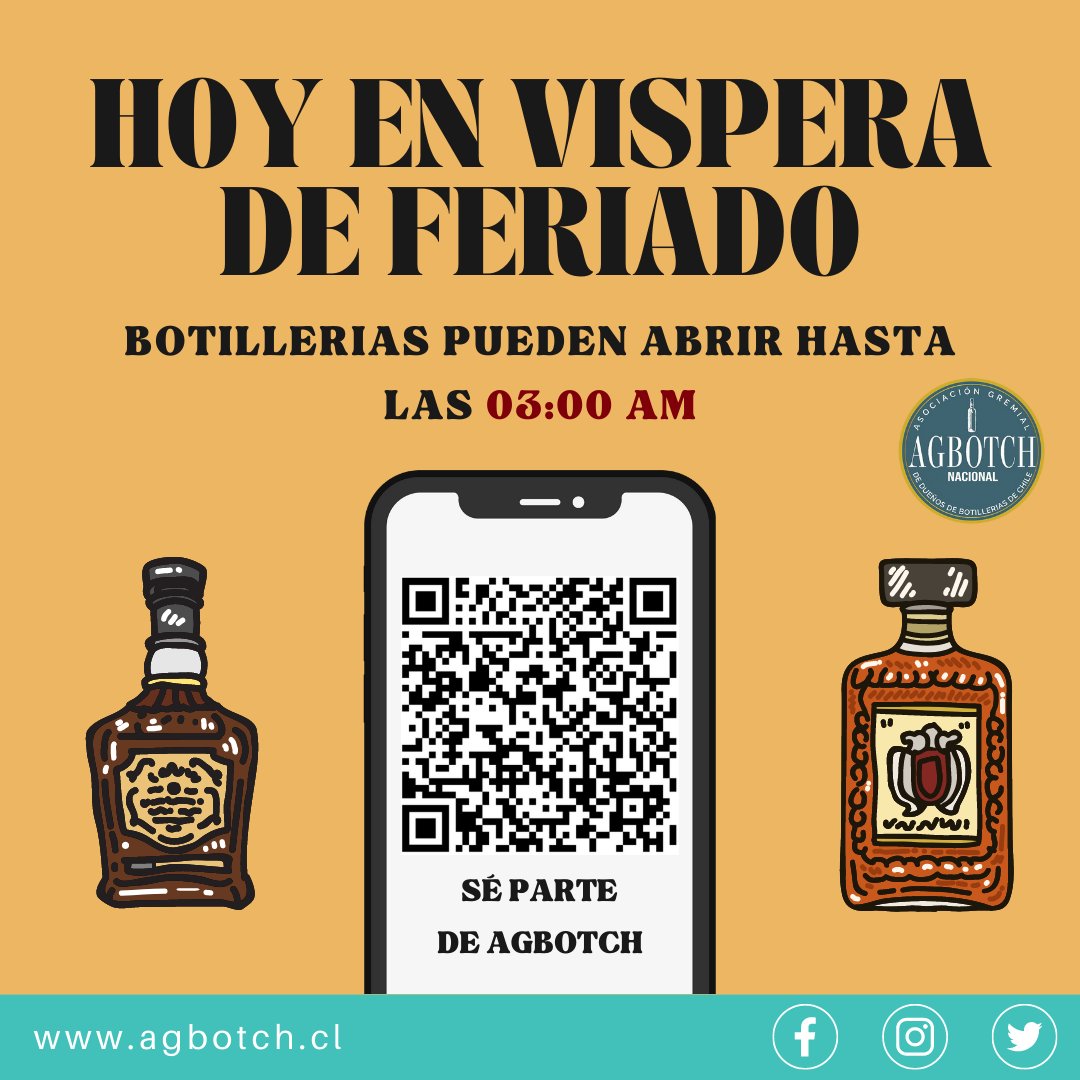 Agbotch_'s tweet photo. Debido al feriado de mañana lunes 26 las botillerias pueden atender hasta las 03:00 am.
#chile #botillerosdechile #botilleria #botillería #botilleros #agbotch https://t.co/zFhYtVz38f