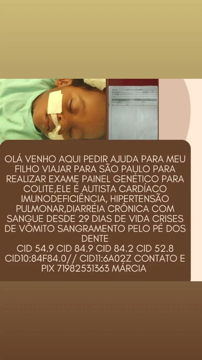 #Fantastico Ola venho aqui pedir a ajudar de vocês para meu filho viajar para são Paulo para realizar exame painel genético para colite precisamos de ajuda com passagens hospedagem almoço quem poder ajudar agradeço Deus abençoe contato pix 71982531363  Instagram @benjamindemarcia