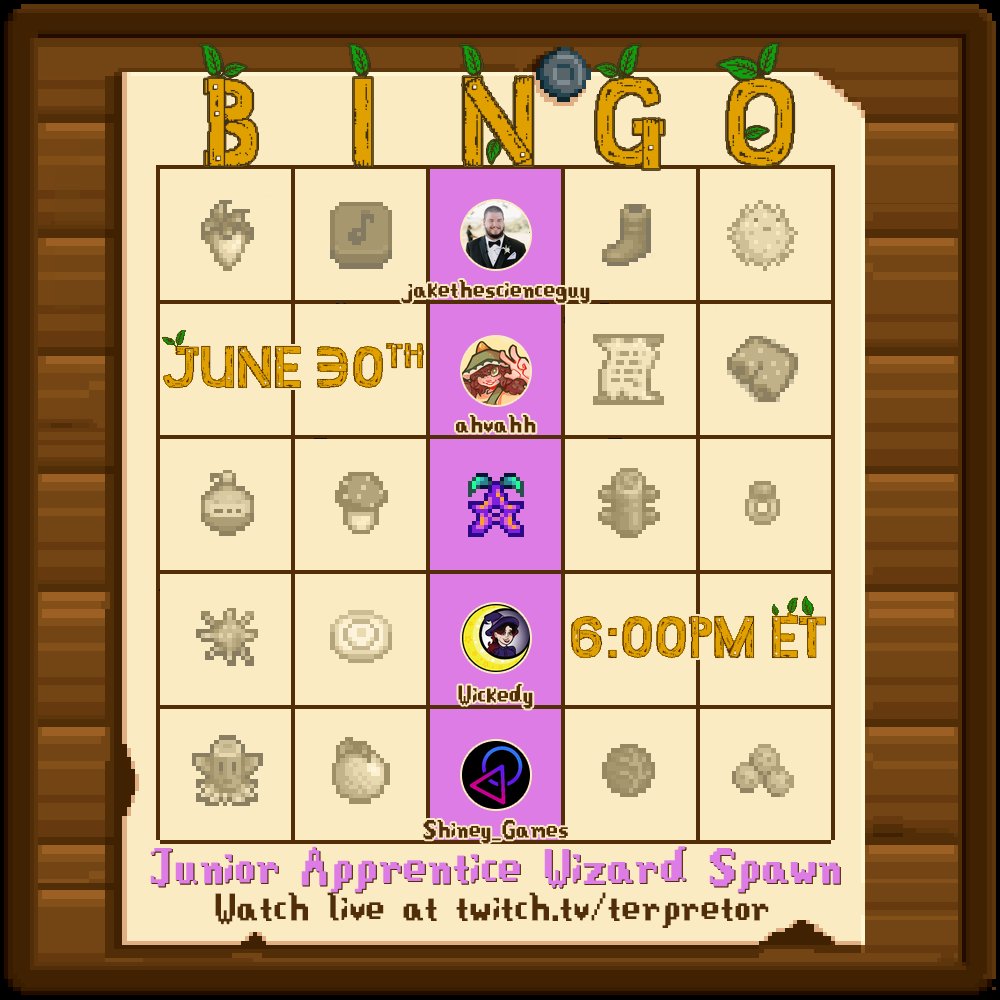 SDVCollab's tweet image. .@jakethesciguy, @ahvahhhh, @WickedyChickady, and @Shiney_Games make up Team Junior Apprentice Wizard Spawn (or JAWS for short)!

Catch this team at the 4v4 Lockout Bingo Tournament on Friday, June 30th at 6 PM ET!
