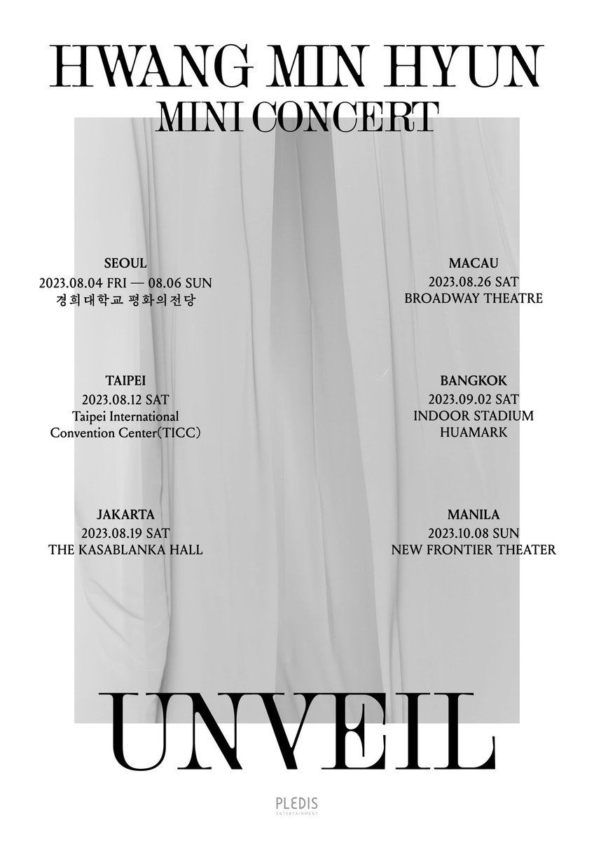 Pledis announces that #HwangMinhyun will hold mini concert #UNVEIL tour, starting this August in Seoul. Minhyun has releases stops and dates, inc. Macau, Taiwan, Thailand, Indonesia & the Philippines

#KoreanUpdates RZ