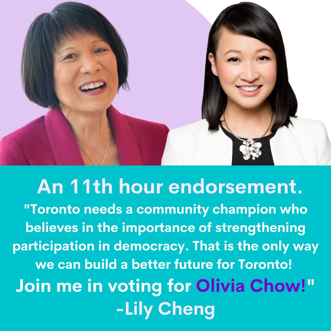 Lily Cheng (@lilycheng) on Twitter photo I am endorsing Olivia Chow to be the next Mayor for Toronto. Our city faces some serious challenges that will require - not a strong mayor - but a mayor who can inspire all of us to come together to be part of the solution. <a href="/oliviachow/">Olivia Chow</a> bit.ly/olivachow #TOPoli I am endorsing Olivia Chow to be the next Mayor for Toronto. Our city faces some serious challenges that will require - not a strong mayor - but a mayor who can inspire all of us to come together to be part of the solution. <a href="/oliviachow/">Olivia Chow</a> bit.ly/olivachow #TOPoli