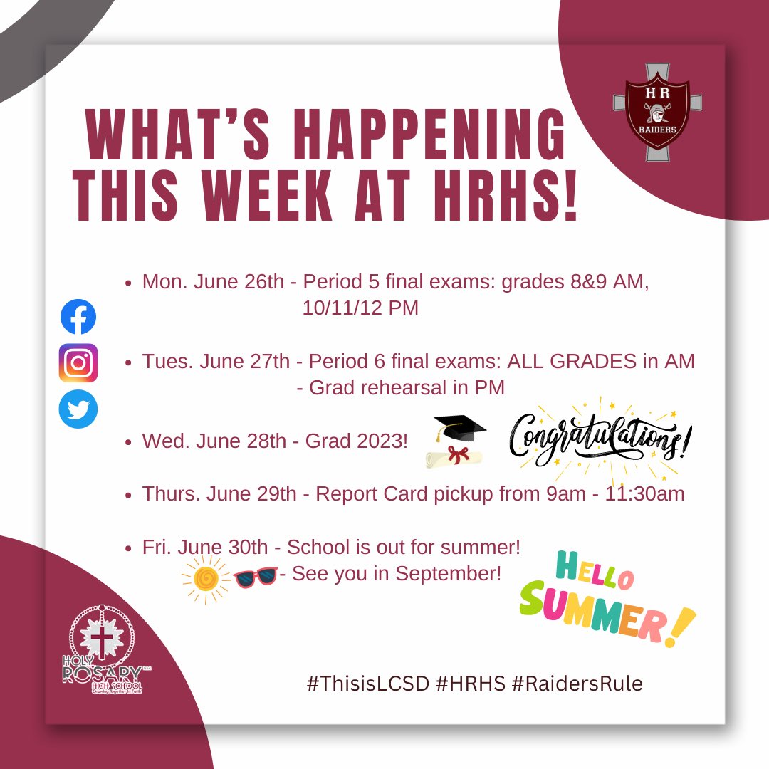 Here is your FINAL weekly reminder of the school year!

➡️ Monday &amp; Tuesday are exam days
➡️ Grad rehearsal is Tuesday afternoon 
➡️ Grad 2023 Wednesday!🎓
➡️ Report card pick up is Thursday morning 

Have an amazing summer, Raiders😎
#thisisLCSD #yll #HRHS #HRHSclassof2023