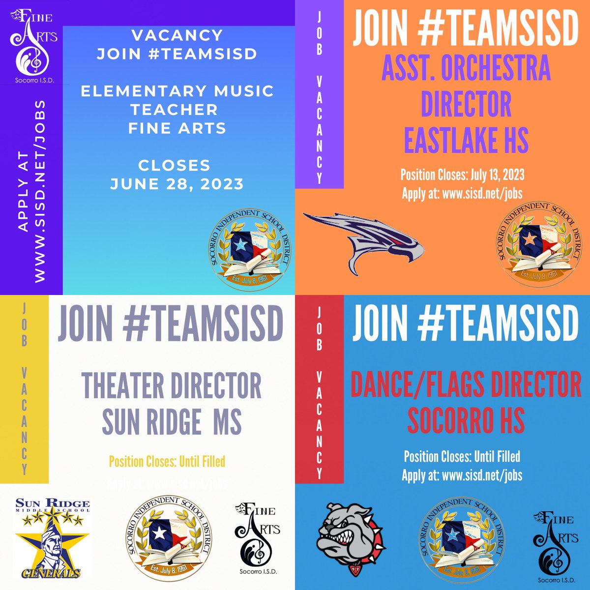 Join #TeamSISD some positions closing this week. Apply at sisd.net/jobs #SISDFineArts
