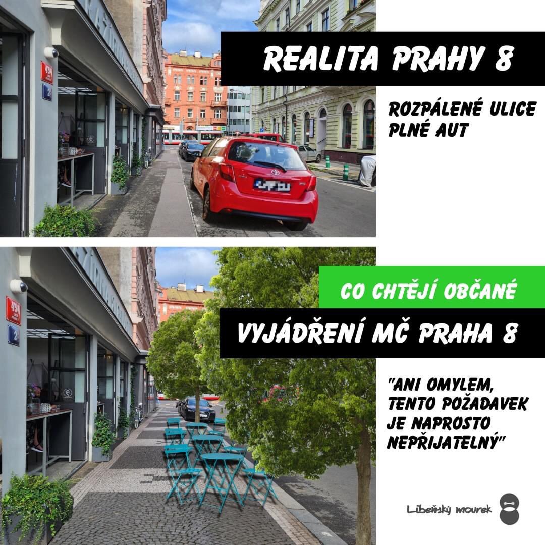 Takhle by mohla vypadat ulice Světova u Palmovky před kavárnou. Když tento návrh prostřednictvím aplikace změnto.to nedávno vznesl jeden z občanů, z MČ Praha 8 se mu dostalo jasné odpovědi. Inu, to je ta naše problematická Praha 8. Díky za grafiku <a href="/LibenskyMourek/">Mourek - politická strana</a>