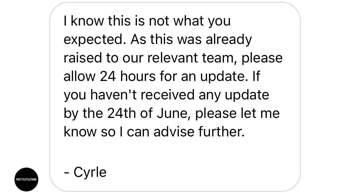 erincarver02's tweet photo. @OfficialPLT  I can’t just keep being told to wait 24 hours, especially when you have my money, it’s been weeks since I enquired about my refund. Pls sort this now https://t.co/Ct25zmpEb8