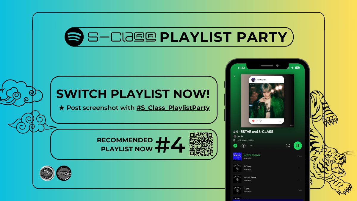 StrayKidsGlobal's tweet photo. π’ SWITCH SPOTIFY PLAYLIST NOW!
Recommended playlist now:
#4 https://t.co/epqnQ4KE9t
β
Post screenshot + #S_Class_PlaylistParty
β° Today's tracking just started!
β Stream to re-enter Global Top Songs chart
β Counts on Billboard, Circle Chart, MCD
@Stray_Kids #StrayKids https://t.co/VhKK3twpLX
