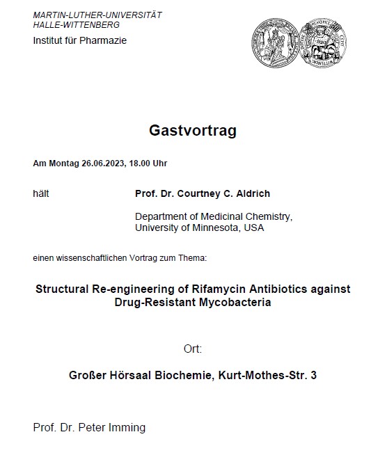 Professor Courtney Aldrich of @UMN_MedChem, editor-in-chief of @ACS_Infectious, will be giving a talk on structural re-engineering of rifamycin antibiotics against drug-resistant mycobacteria at @UniHalle on Monday 26.06.23 at 18:00. 👉🏻onlinelibrary.wiley.com/doi/full/10.10…
