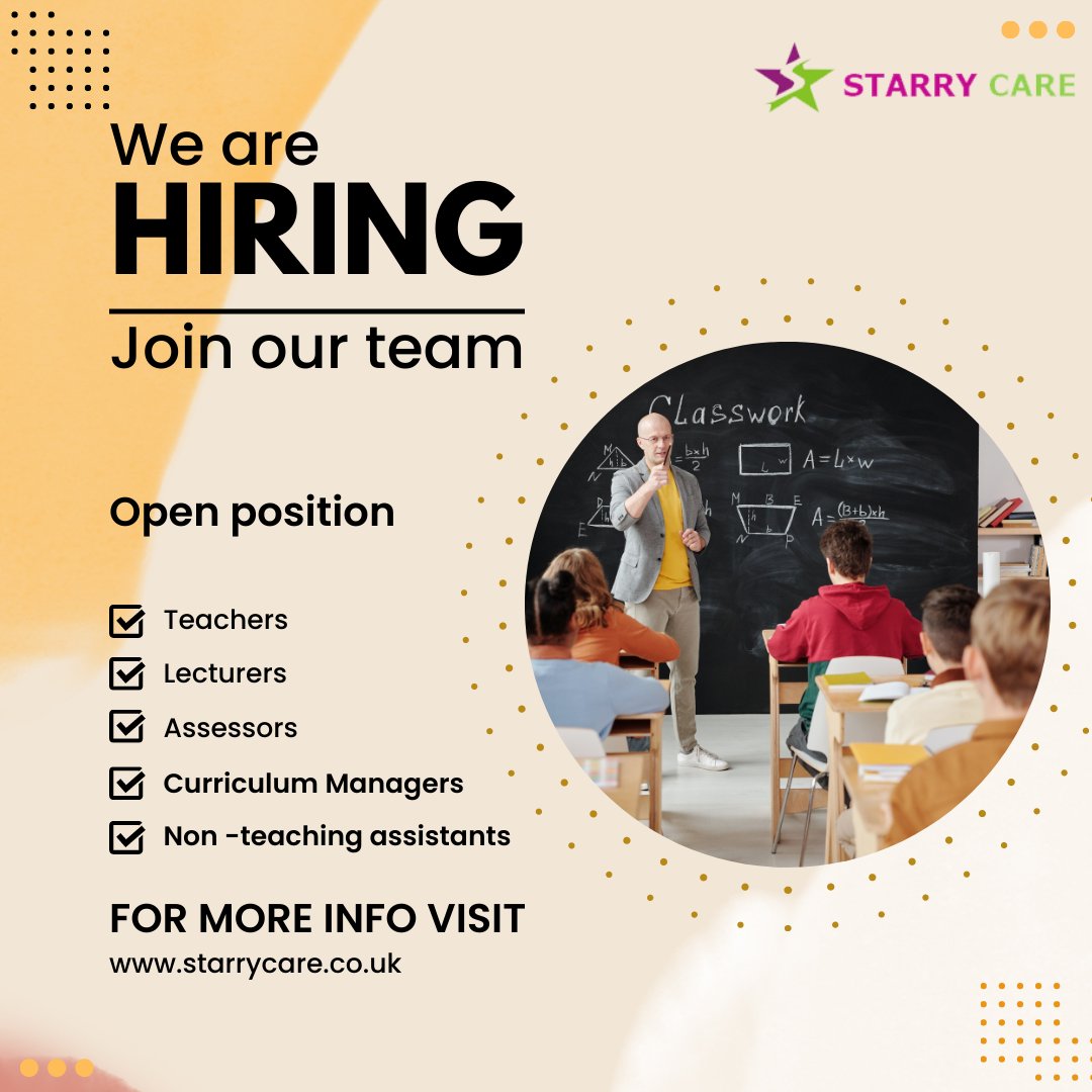 StarryCare's tweet photo. Are you a qualified teacher, lecturer, assessor, curriculum manager, or non-teaching assistant? Hold QTS/NVQ certification and a Master's degree? We want you! Send your CV to recruits@starrycare.co.uk. https://t.co/KVp4L1LcS8