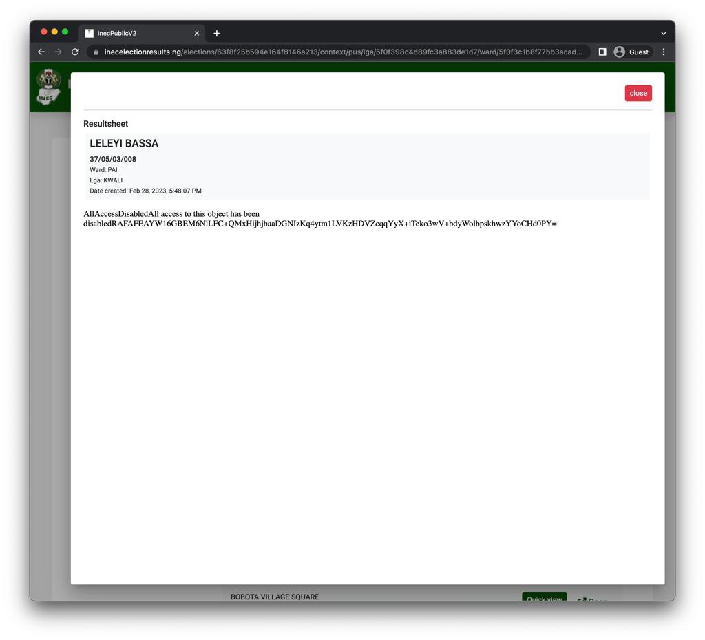 My attention was drawn to the IREV this evening and it appears that INEC has disabled viewing of many PU results in FCT, Abuja. I don’t know how many states are affected. Please check your state if you can. 

Polling Unit results from Kwali Ward, Yangoji, Pai Ward 3, Kilankwa,