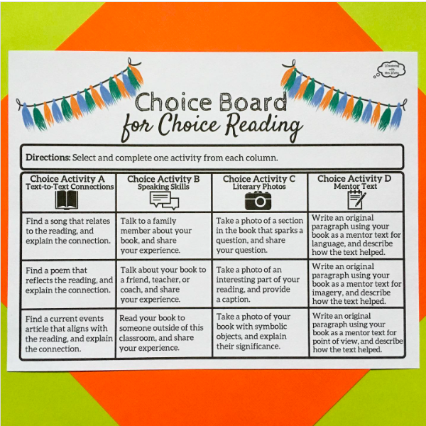 'Our fourth and final unit is here: free-choice reading! Students read for three days, and then do Choice Activity A. Then, students read for three days, and do Choice Activity B. Repeat for C. Repeat for D!' —T Jillian Watto