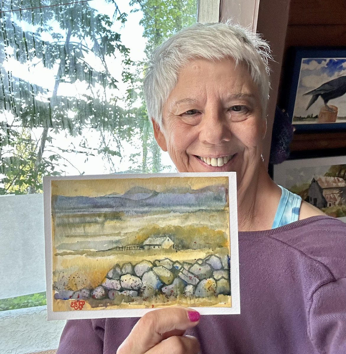 At home with my purchased haul from the #twitterartexhibit  this lovely Watercolor landscape by Irish artist Phil Larkin , sales benefiting the Urban Native Youth Association 
 #JuneRobin
#taefamily #TAE23 , @UNYAyouth