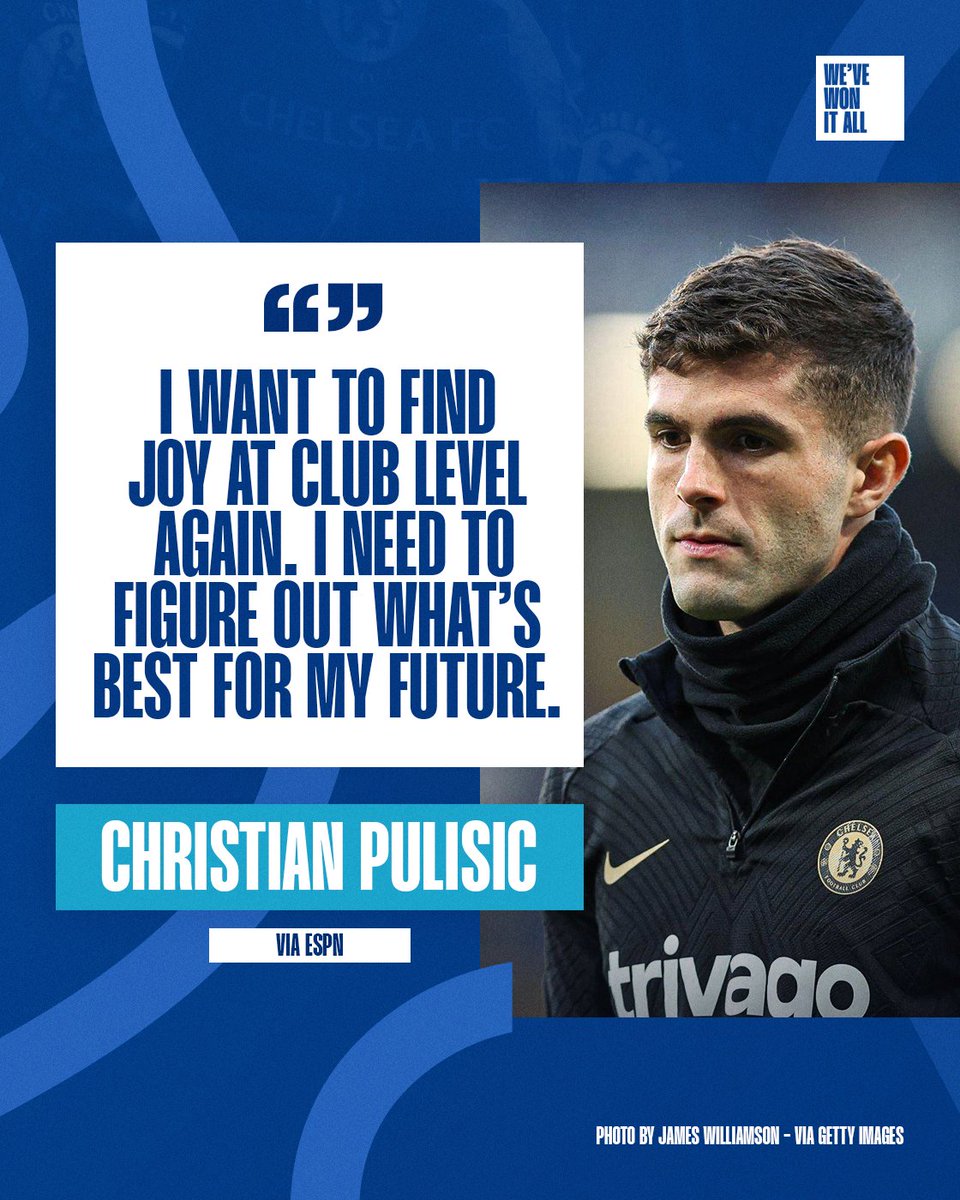 💬 Now is the right time to figure out what’s going to be the best for my future - to be somewhere where I can play, be trusted and feel good in what I’m doing. 

🗣️ Christian Pulisic

#CFC #ChelseaFC