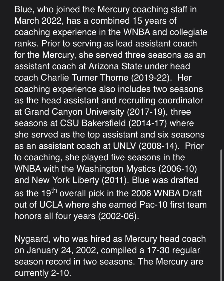 Phoenix Mercury have parted  ways with Head Coach  Vanessa Nygaard.  Former Arizona State University  assistant coach  Nikki Blue has been named  as  Interim Head Coach. 
#WNBA  #ValleyTogether  #WNBATwitter