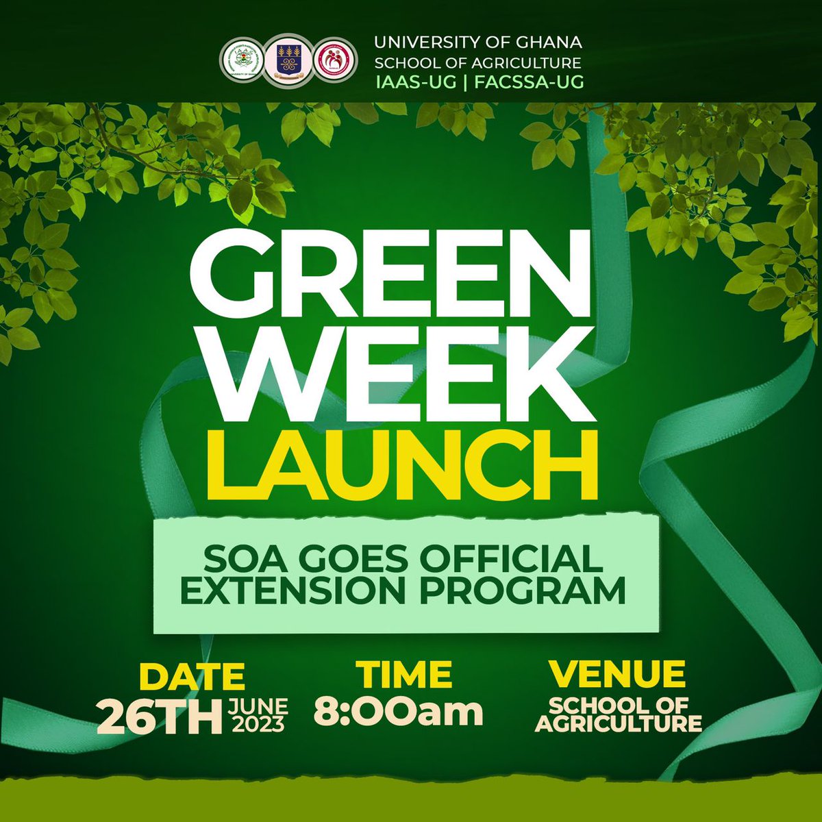 _*LAUNCH LAUNCH LAUNCH*_ 🥳🎈🥳🎉🎈🎉
*IAAS-UG*  and *FACSSA-UG* officially invites all students of the School of Agriculture to the launch of the _Green Week Celebration._ 🥳

#IAAS-UG 
#FACSSA-UG