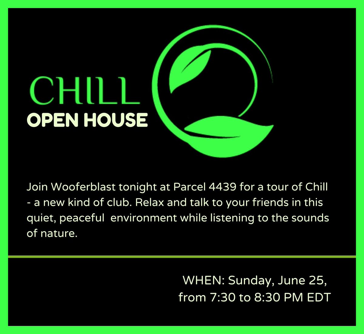 Tonight in Somnium Space VR- Open house at Chill, a new kind of nightclub where you can talk with your friends and listen to the sounds of nature in a quiet, relaxing environment.