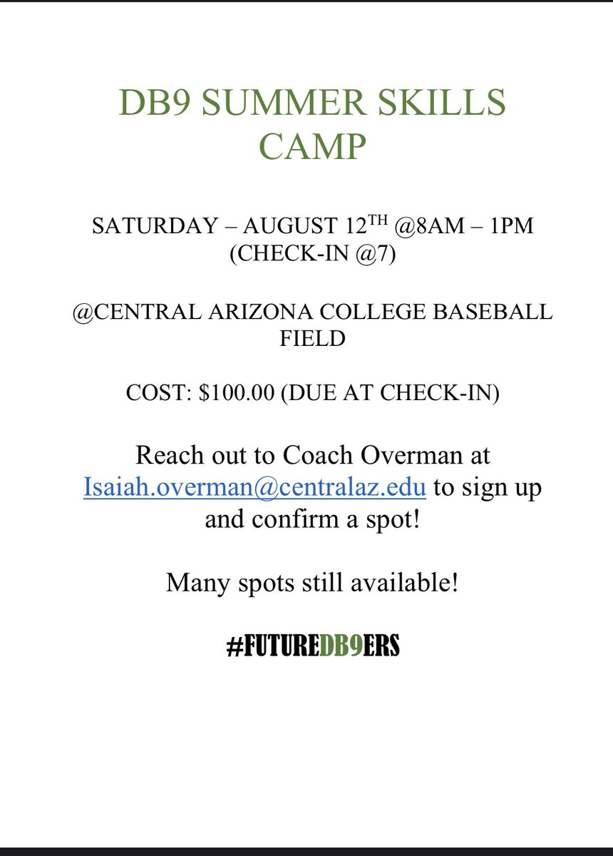 Many spots still available! Great opportunity for ball players to experience a day of great talent and instruction! 

@CAC_BaseballDB9 
@PBRArizona