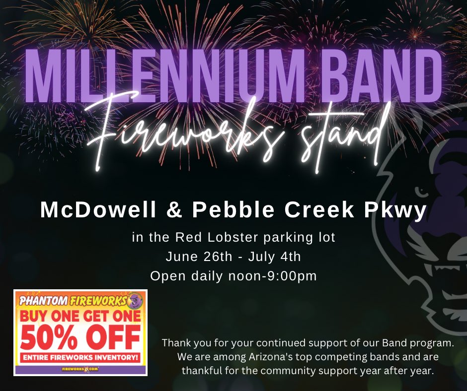 ▪️Millennium Band fireworks stand▪️

McDowell &amp; Pebble Creek Pkwy
(In the Red Lobster parking lot)

June 26th - July 4th
12:00pm - 9:00pm daily

All fireworks are buy one get on 50% off!!  Come early and pick up all of your favorite items! 🎆