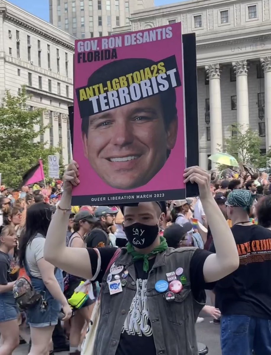One sign calls Gov. Ron DeSantis an anti-LGBTQIA2s Terrorist