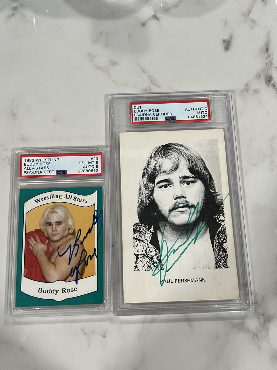 danny313131's tweet image. Nothing like a signed Buddy Rose 1983 All Stars Rookie card combined with a signed 1970’s Boyd Pierce photo card. #playboy #buddyrose #PSA #wrestlingcards #thehobby #rareautographs #setbusters #1983wrestlingallstars @CardPurchaser