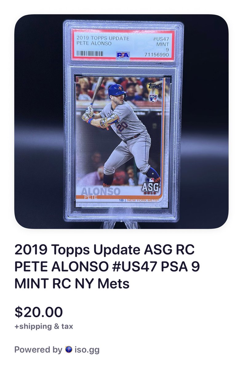 WilliamRBIV's tweet photo. 2019 Topps Update ASG RC PETE ALONSO #US47 PSA 9 MINT RC NY Mets #mbb 7575: Follow and reply with #mbb to claim and purchase! @midwestboxbreak https://t.co/tk1AVMfXGY