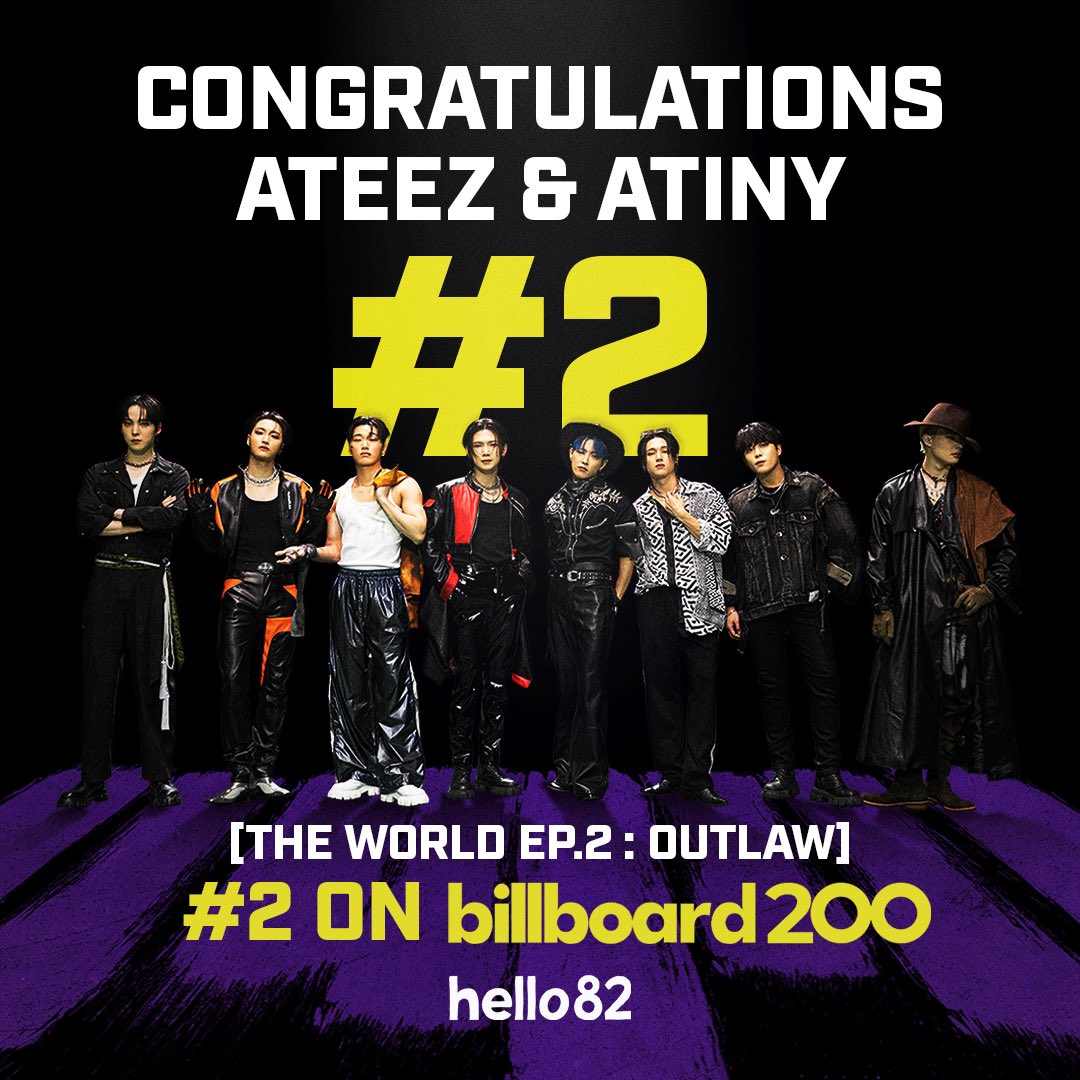 hello82official's tweet photo. CONGRATULATIONS to both ATEEZ and ATINY for making 2nd on the Billboard 200 chart! 🎉

#ATEEZ #ATINY #OUTLAW #BOUNCY https://t.co/F40gSugq6Y