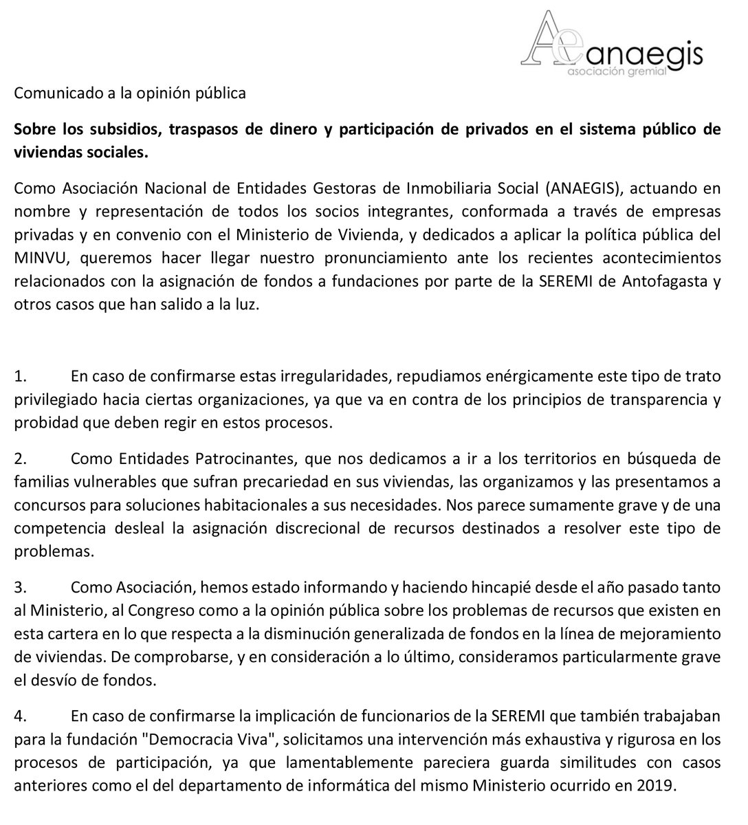 ANAEGIS1's tweet photo. Sobre el acontecer de los hechos revelados esta ultima semana, en cuanto al financiamiento de recursos del Ministerio de vivienda y Urbanismo, declaramos: https://t.co/FDAfSDoL4p