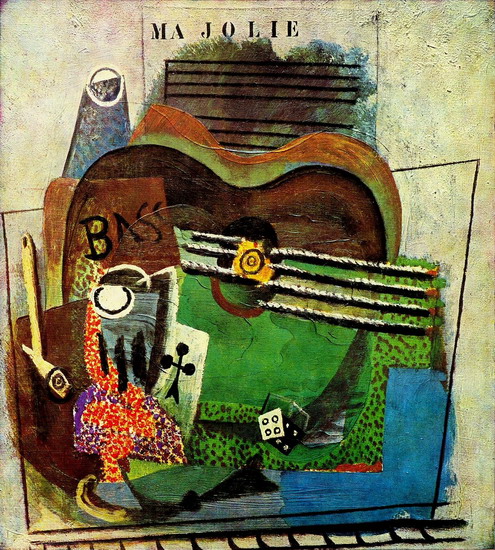 🎨
「Pipe, Glass, ace of clubs, bottle of Bass, guitar,」(`My Jolie`) 
Pablo Picasso　1914