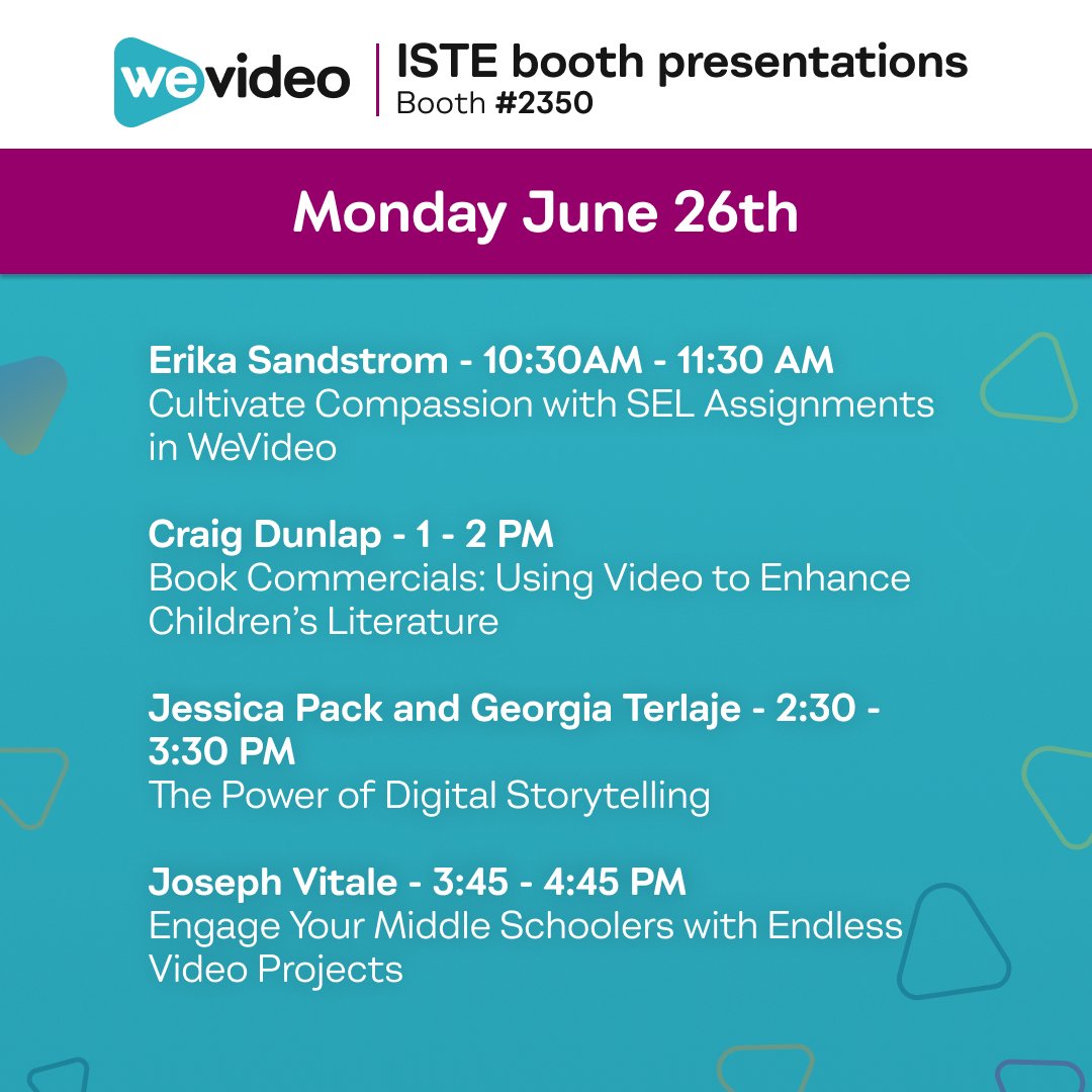 At #ISTELive? Be sure to stop by the @Wevideo booth Monday 6/26 for booth presentations by @greenscreengal @Cncdky @Packwoman208 @MrvitaleIMS to learn how to leverage the power of video in your classroom!

We will be livestreaming for those #NotATIste!