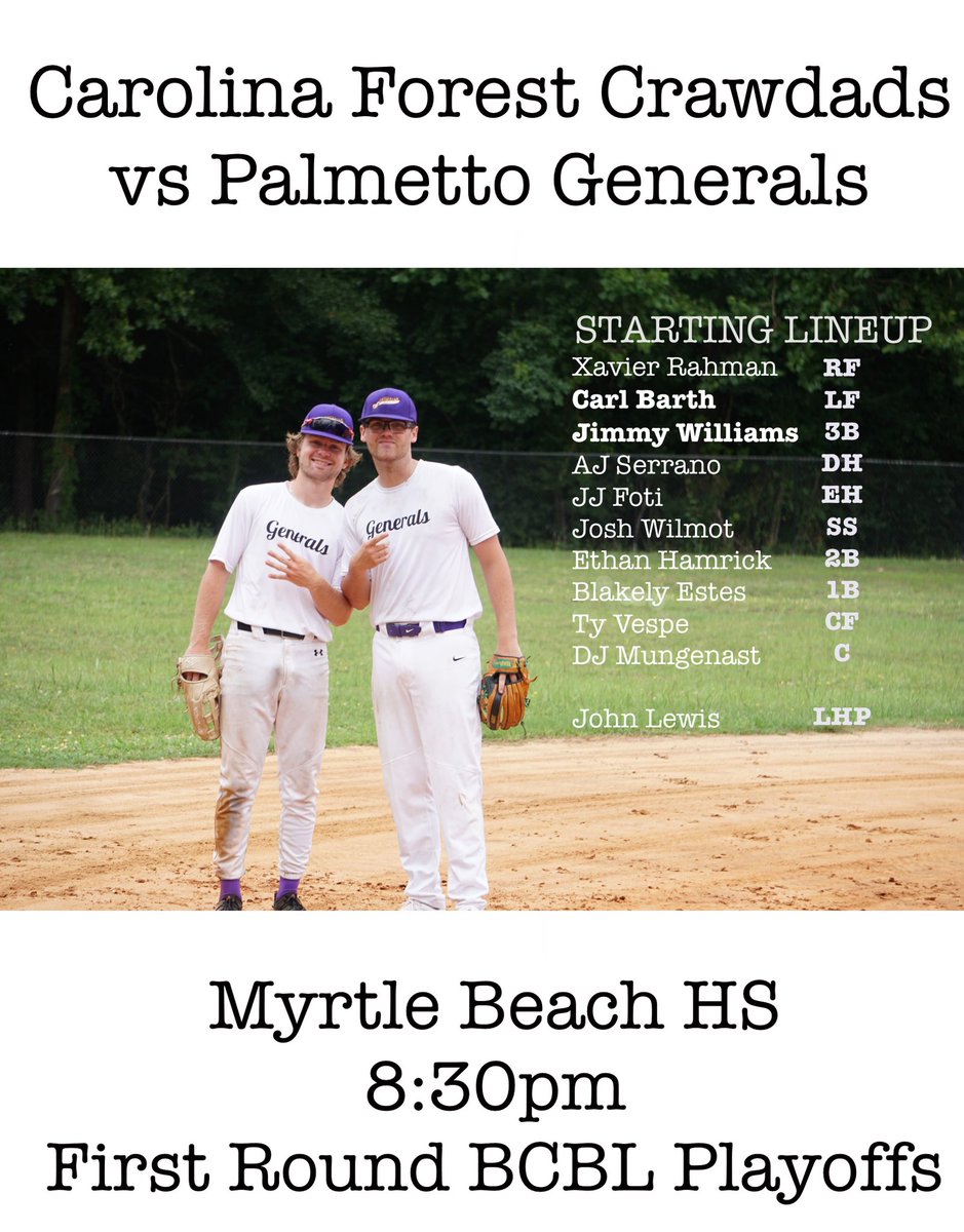 Starting lineup for your Palmetto Generals in tonight’s contest!

Follow along for live twitter updates and through our GameChanger link!

@BCBL2023 

#RollGs #BCBL23