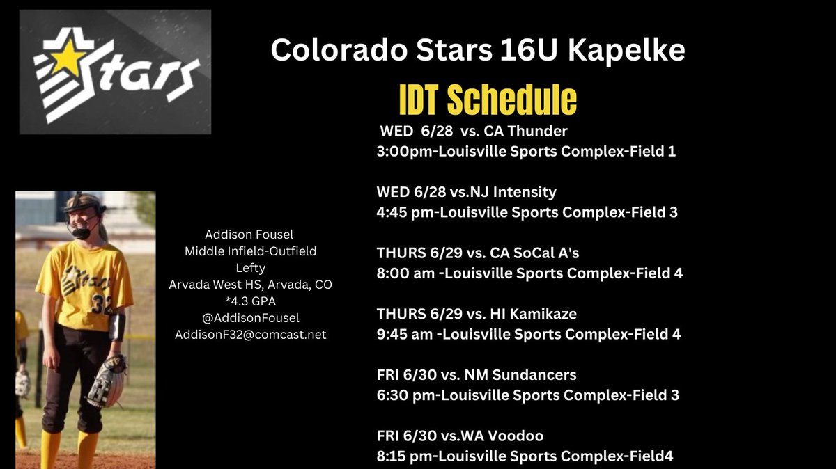 Addison Fousel (@addisonfousel) on Twitter photo Schedule Drop for the <a href="/BoulderIDT/">Boulder IDT</a>
Hope to see you at the field.
<a href="/Coach_Fisher/">Jen Fisher</a> <a href="/CoastRecruits/">Coast 2 Coast Recruits</a> <a href="/BroncoSportsSB/">Boise State Softball</a> <a href="/BaylorSoftball/">Baylor Softball</a> <a href="/Utah_Softball/">Utah Softball</a> <a href="/wsusoftball/">Weber State Softball</a> <a href="/ArizonaSoftball/">Arizona Softball</a> <a href="/UKsoftball/">Kentucky Softball</a> <a href="/MinesSoftball/">Mines Softball</a> <a href="/iowasoftball/">Iowa Softball</a> <a href="/HuskerSoftball/">Nebraska Softball</a> Schedule Drop for the <a href="/BoulderIDT/">Boulder IDT</a>
Hope to see you at the field.
<a href="/Coach_Fisher/">Jen Fisher</a> <a href="/CoastRecruits/">Coast 2 Coast Recruits</a> <a href="/BroncoSportsSB/">Boise State Softball</a> <a href="/BaylorSoftball/">Baylor Softball</a> <a href="/Utah_Softball/">Utah Softball</a> <a href="/wsusoftball/">Weber State Softball</a> <a href="/ArizonaSoftball/">Arizona Softball</a> <a href="/UKsoftball/">Kentucky Softball</a> <a href="/MinesSoftball/">Mines Softball</a> <a href="/iowasoftball/">Iowa Softball</a> <a href="/HuskerSoftball/">Nebraska Softball</a>