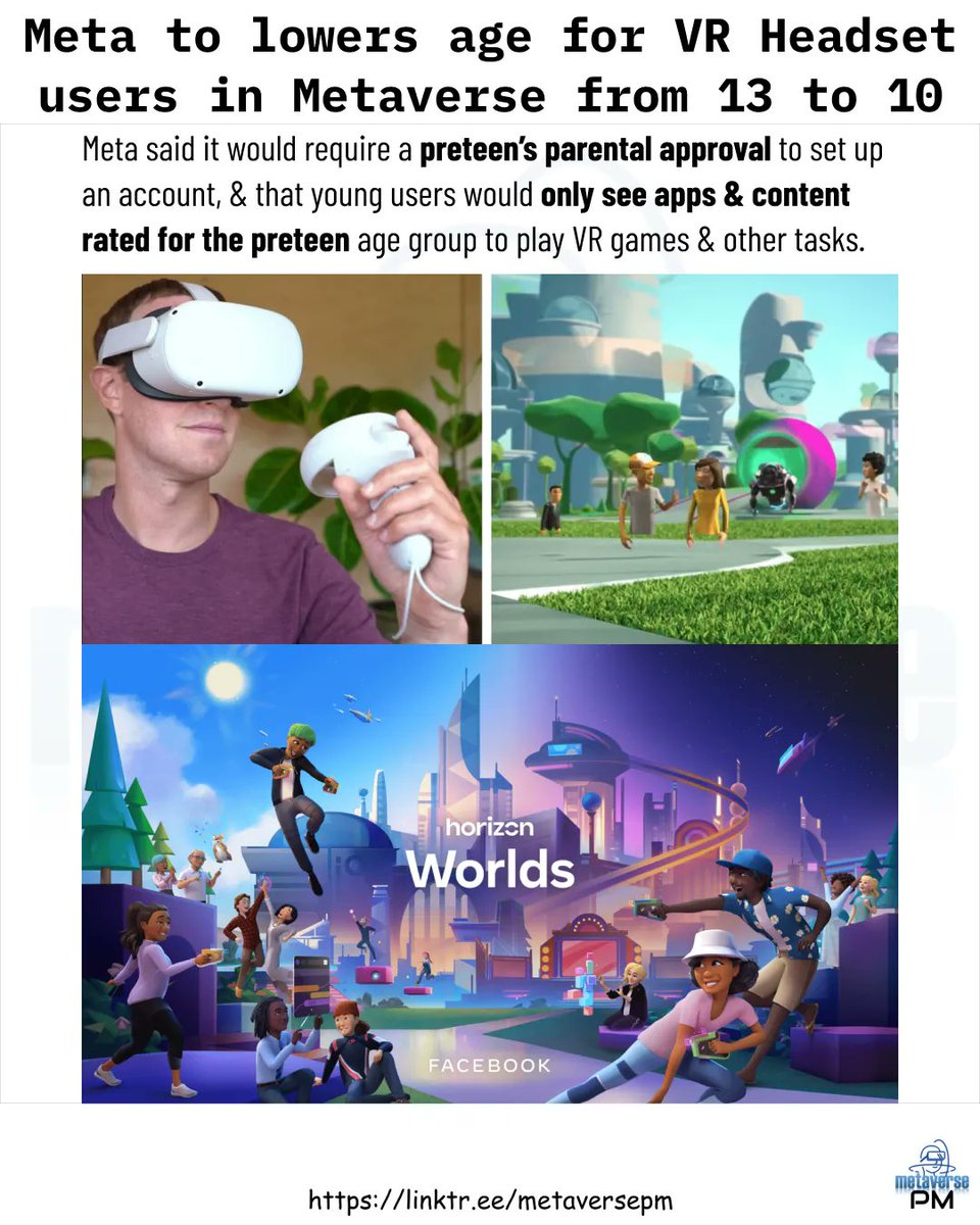 metaversepm's tweet photo. Meta to lowers age for VR Headset users in Metaverse from 13 to 10

#metaverse #ar #vr #augmentedreality #web3 #questpro #htcvive #openxr #webvr #webxr #steamvr #hololens #arcore #arkit #artoolkit #psvr2 #meta #facebook #metaquest #metaquestpro #horizonworlds #gaming #fbgaming https://t.co/V0on8N0hj4