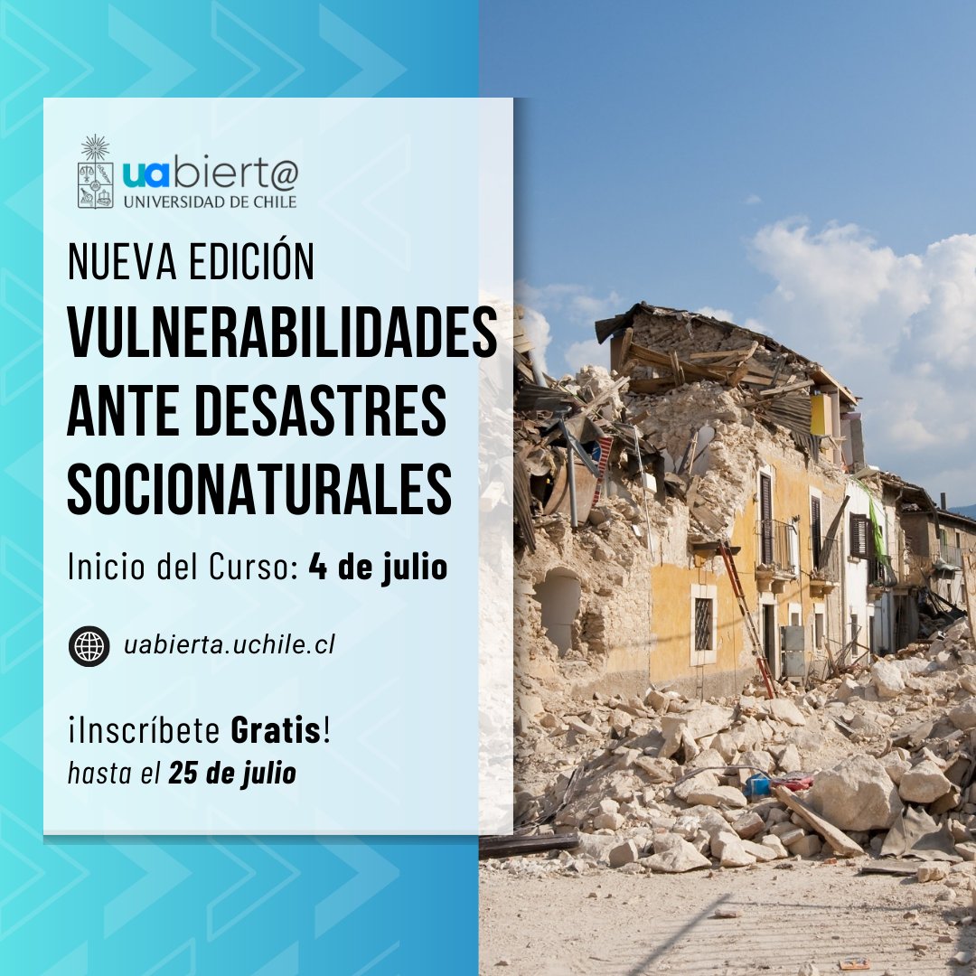 Este 4 de julio inicia una nueva versión del curso Vulnerabilidades ante Desastres Socionaturales de <a href="/UAbiertaUChile/">UAbierta</a>. Curso abierto, gratuito, online y para todo público al que puedes inscribirte ya en:
uabierta.uchile.cl/courses/course…