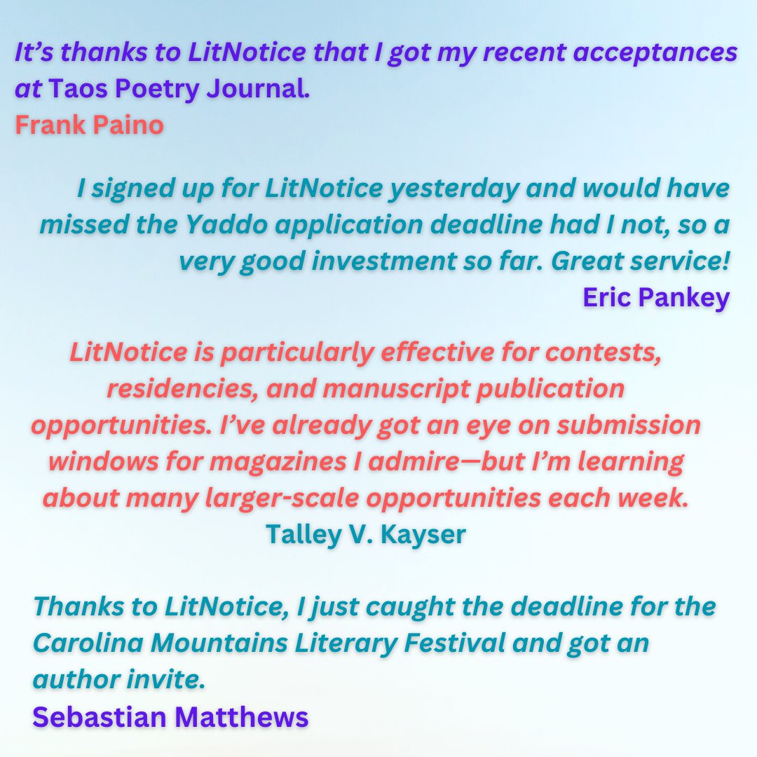 There's another stacked LitNotice digest coming out tomorrow! Sign up for only $5/month, and never miss a submission opportunity again! litnotice.com