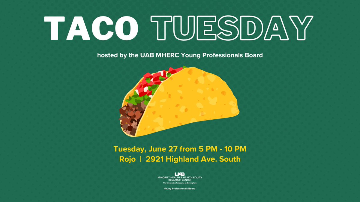 UABMHRC_YPBoard's tweet photo. Are you looking for a chill time with great food, great company and the chance to support a great cause?

Come join the MHERC YP Board this Tuesday,  for a Taco Tuesday at Rojo!

10% of all proceeds will go towards supporting the Healthy Happy Kids Program! https://t.co/0wwxRWUlch