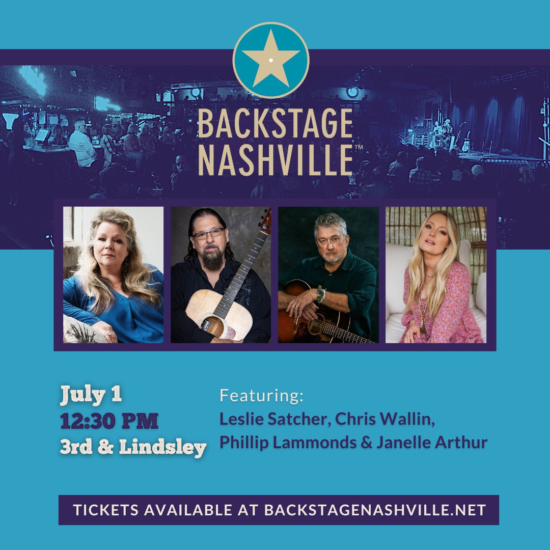 Join us for lunch + live music Saturday, July 1 (12:30 PM) at @3rdandLindsley! The writers performing on the show include @LeslieSatcher (#Troubadour), @theChrisWallin (#DontBlink), #PhillipLammonds (#OneLove) and @JanelleOArthur. Get 🎟️ at bit.ly/BSNJuly1or at the door ⭐️