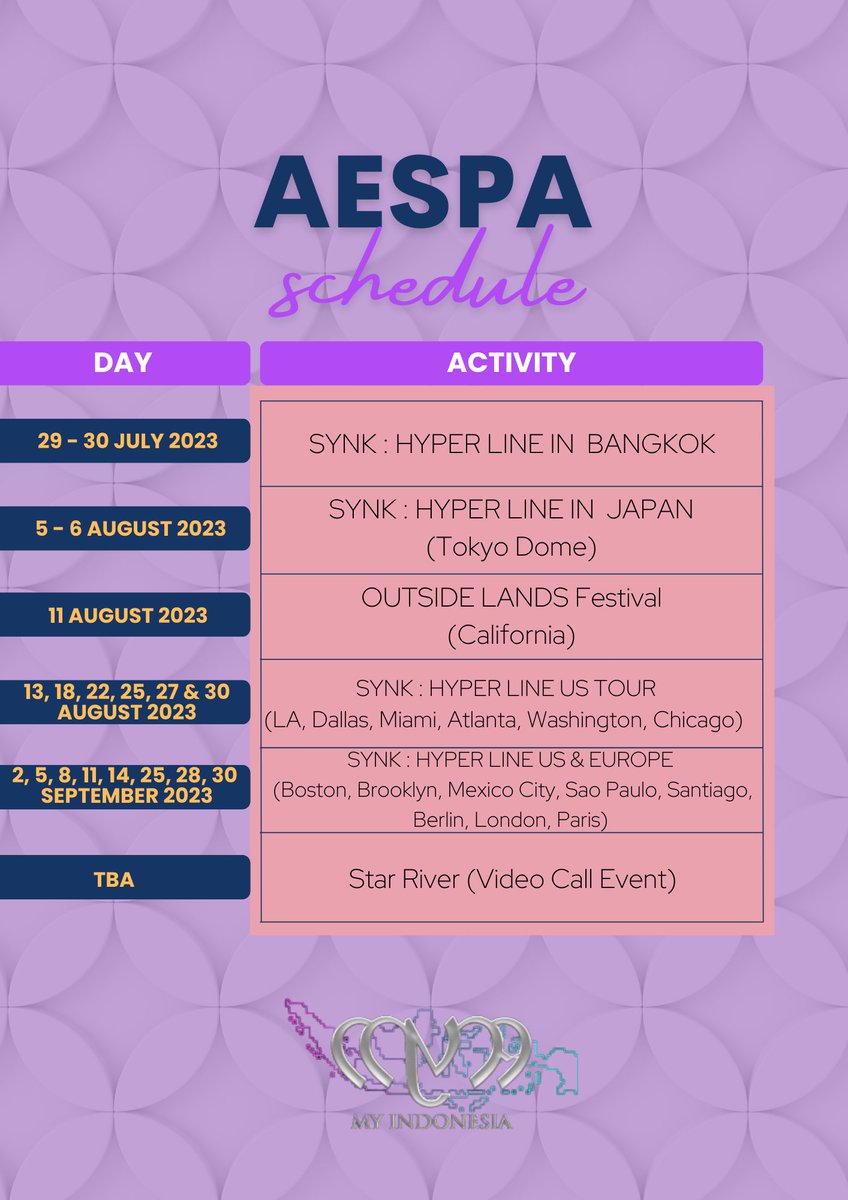 AESPAINAUNION's tweet photo. [ANNOUNCEMENT - AESPA SCHEDULE]

ini adalah jadwal aespa yang admin ketahui sejauh ini ya MYne☺️

jika ada jadwal yang terlewat kamu bisa tulis di reply atau DM kami!

#aespa @aespa_official https://t.co/jeOtGYH4bk