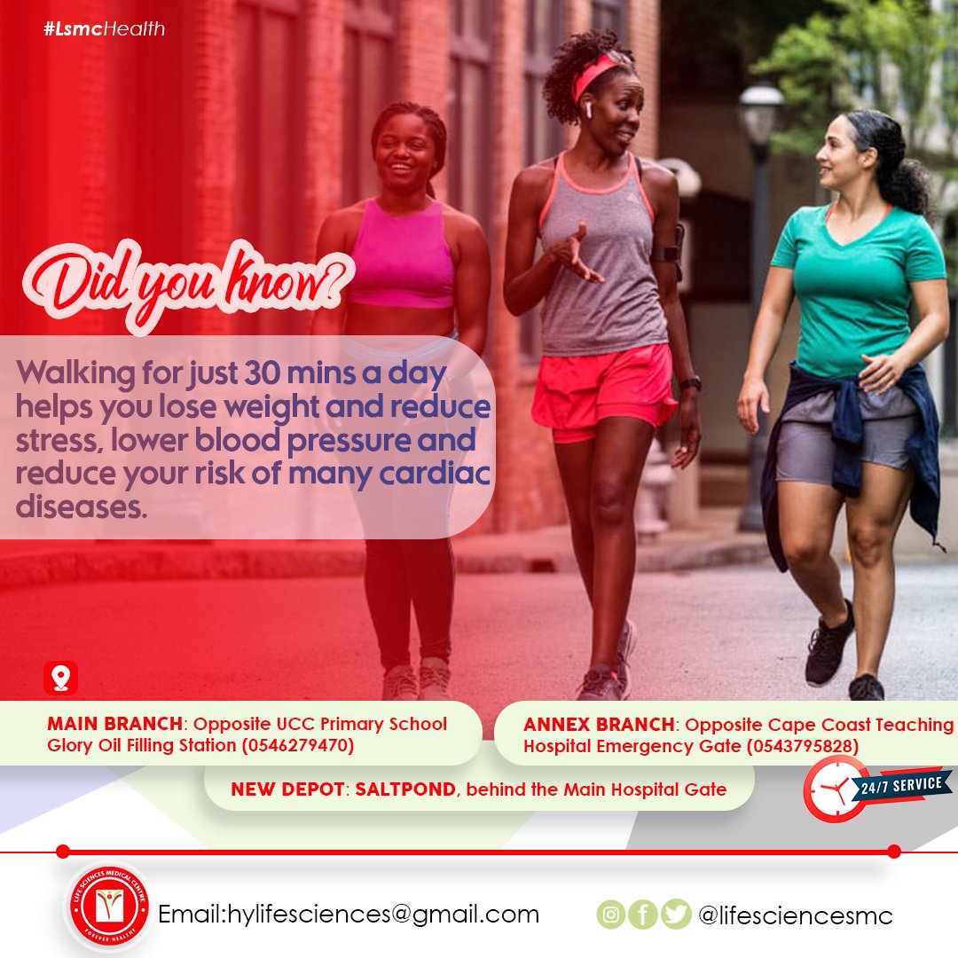 Regular walks is one of the best and easiest things you can do for your health. Follow us for more of these health bits and updates on our services.
#didyouknow
#Lsmc #regularexercise #mywellbeing #healthyliving #healthylifestyle #CapeCoast #Ghana