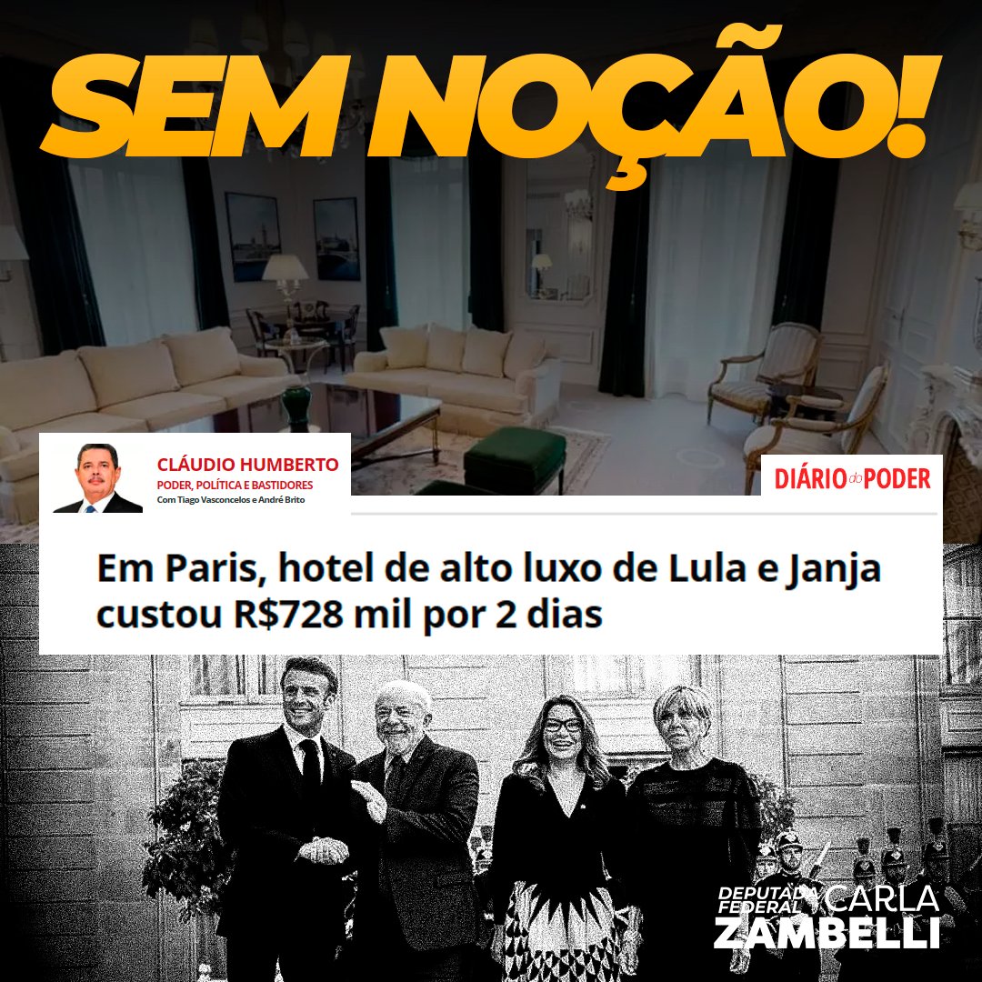 ZambelliCarla_'s tweet photo. Wi-fi de R$31 mil
Custou R$31 mil o wi-fi usado pela comitiva presidencial, a pedido do escalão avançado, grupo que vai à frente para preparar a visita.

Mordomia sem limites
A majestosa suíte de Lula do Intercontinental Le Grand tem 140 metros quadrados, dois quartos, salas e até hall de espera para convidados.

Você quem pagou
Custou 50 mil euros (R$261,5 mil) só a suíte presidencial de Lula e Janja para o pernoite parisiense, mais 6 quartos para seguranças e aspones.

À disposição
O apego de Lula e Janja por hotéis de alto luxo já foi visto nas visitas à China, Portugal, Japão etc. Em Londres, a conta chegou a R$1,3 milhão.